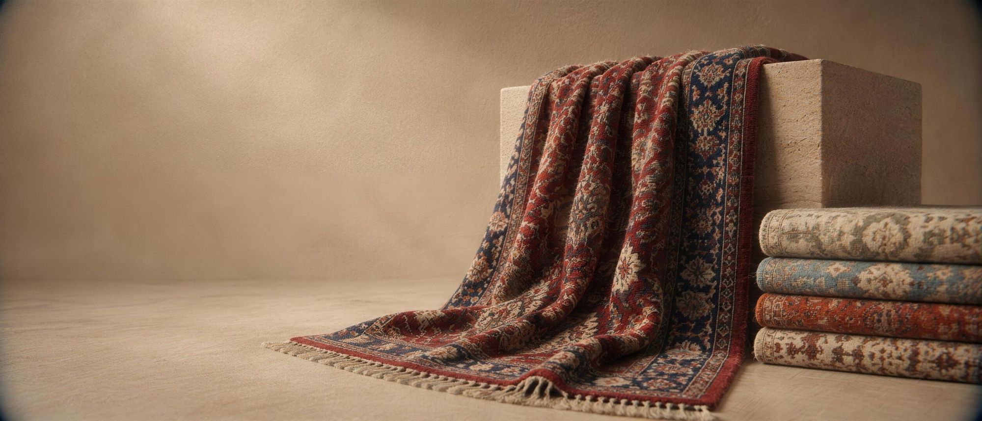 A red and blue hand-knotted rug draped over a travertine block beside a stack of folded rugs