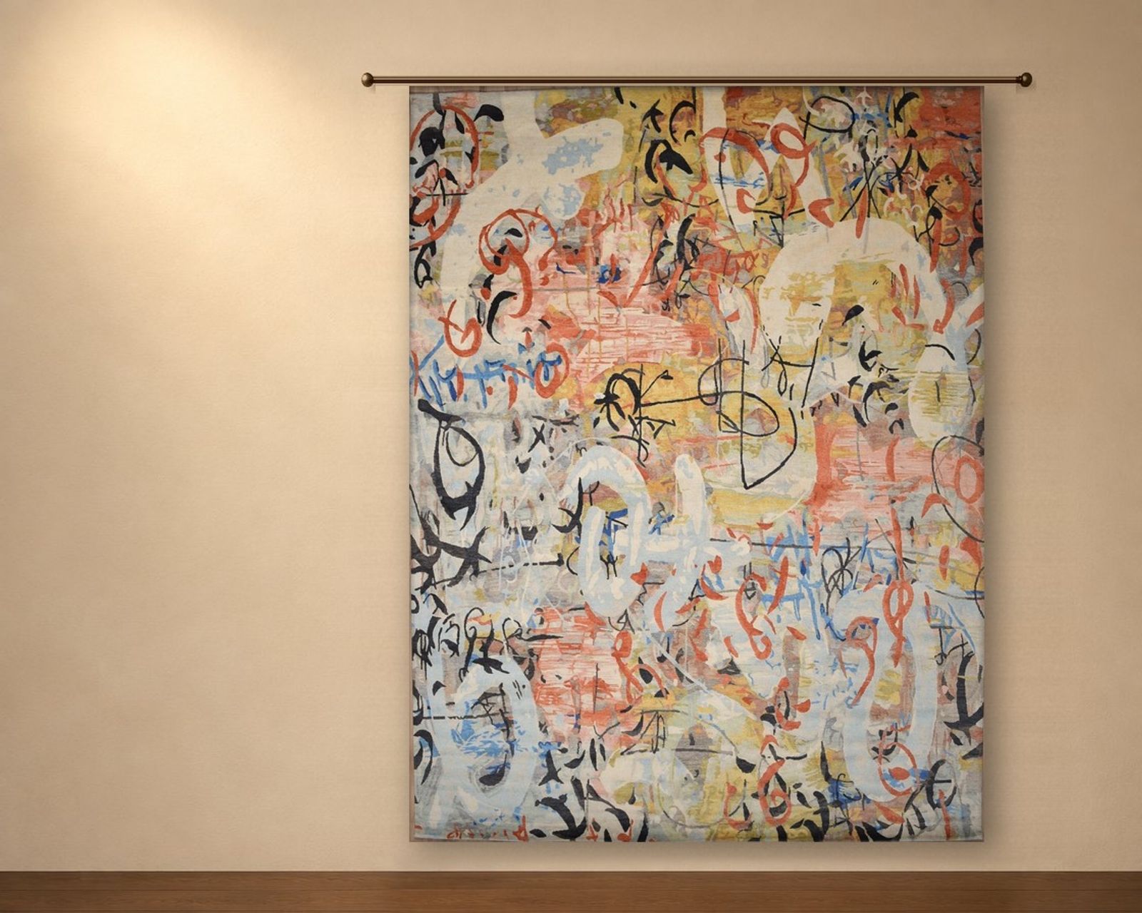 Illustration of Wool & Silk Strawberry Moon, a Senneh Knot rug, hung on a wall