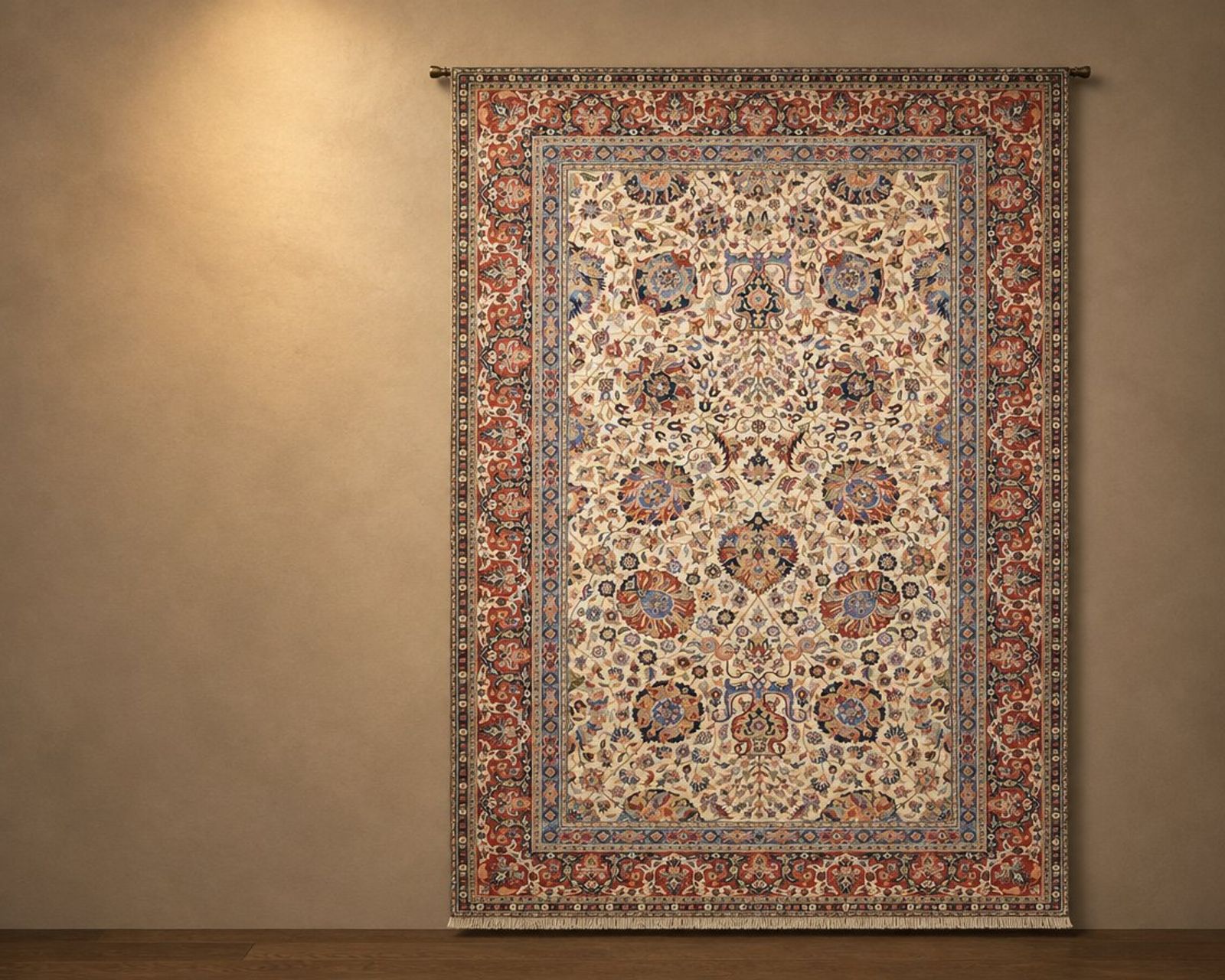 Illustration of Sultanabad JL-6 Cream & Rust, a Senneh Knot rug, hung on a wall