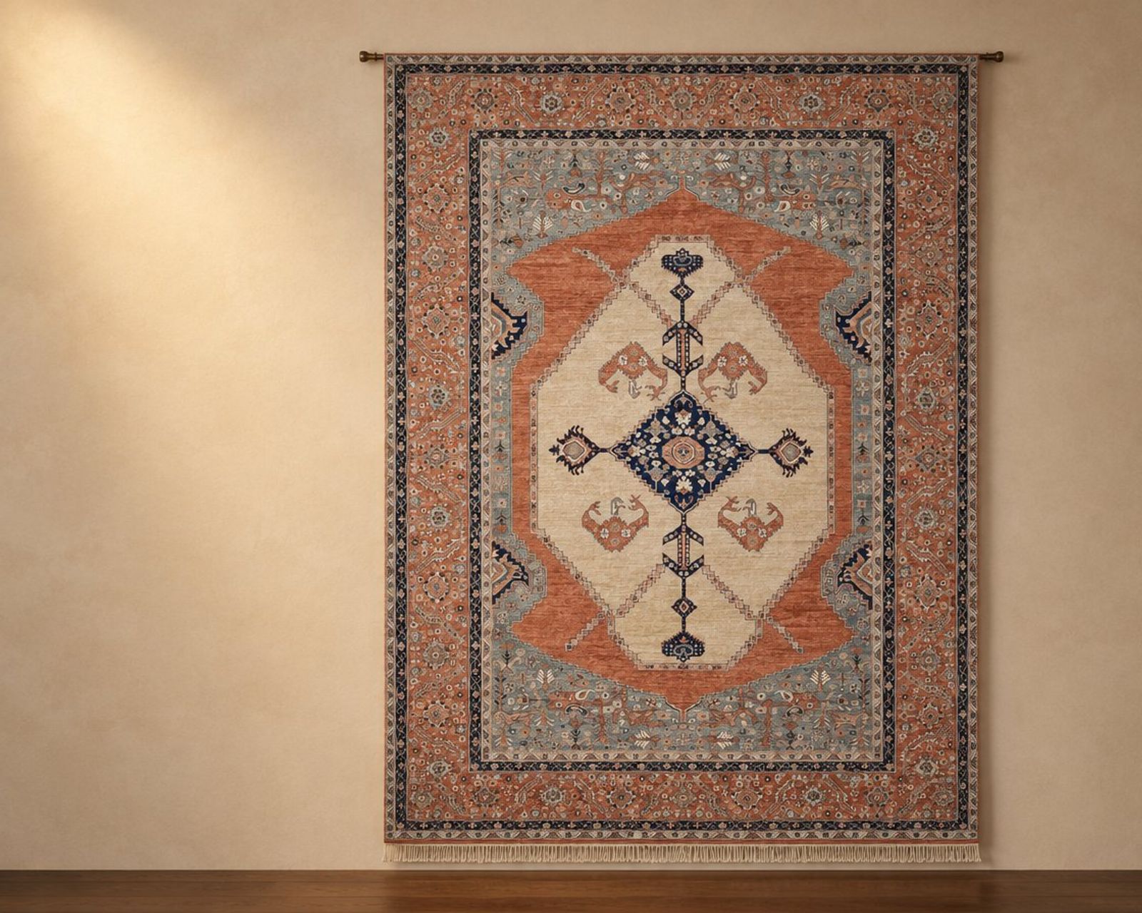 Illustration of Khyber Heriz Beige & Rust, a Senneh Knot rug, hung on a wall