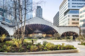 Exchange square in autumn facing liverpool street station