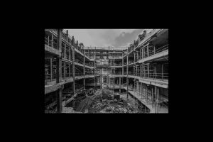 black and white photo of the Hickman core demolished