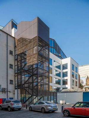 DSDHA's The Hickman back Courtyard elevation with expressed metalwork stair