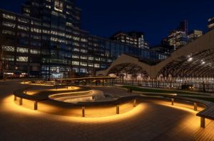 Exchange square lit at night