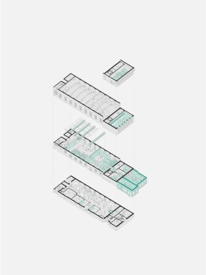 Exploded Axonometric drawing of the National Youth Theatre by floor