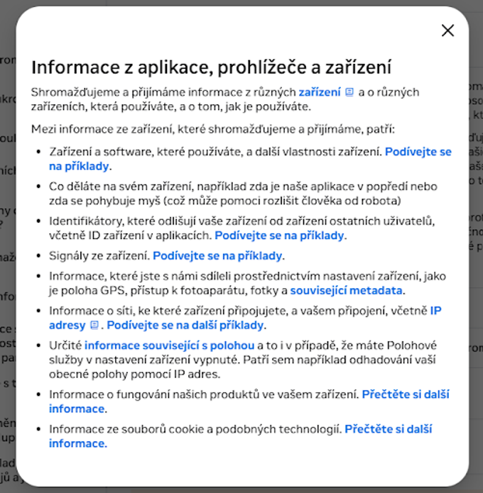 Informace o shromažďování informací o uživatelích Mety.