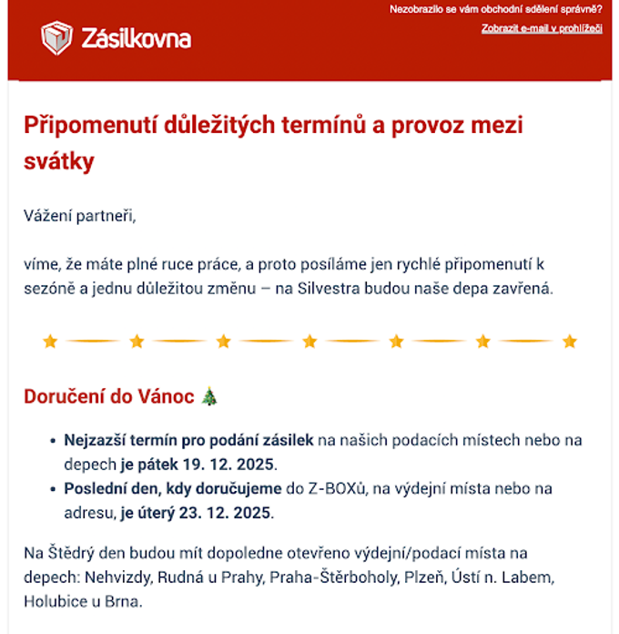 Upozornění dopravce na doručování do Vánoc