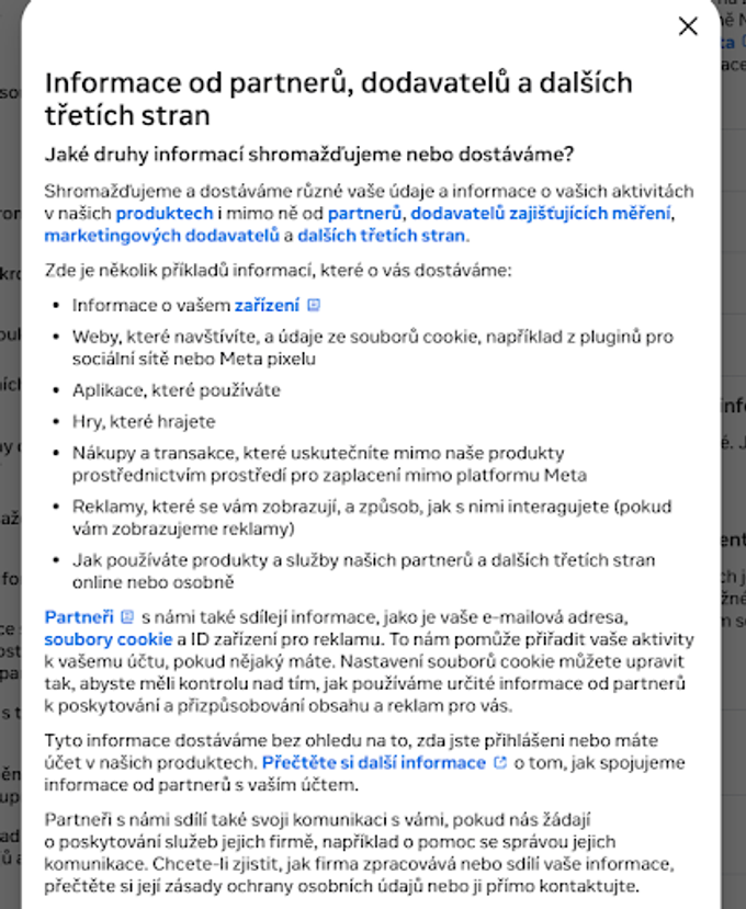 Podmínky Mety o sledování uživatelů