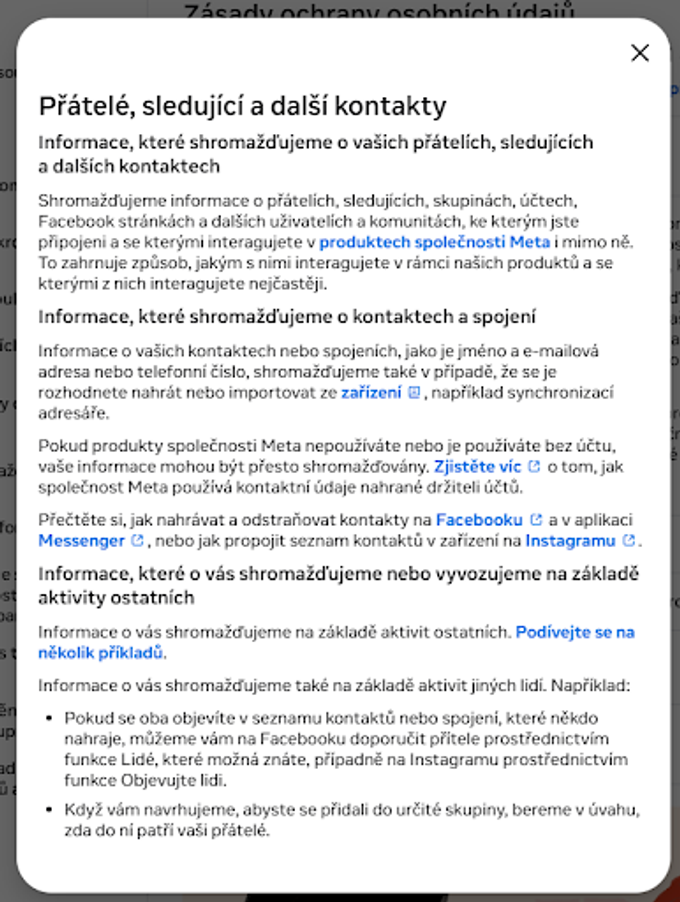 Informace o sledování uživatelů Mety