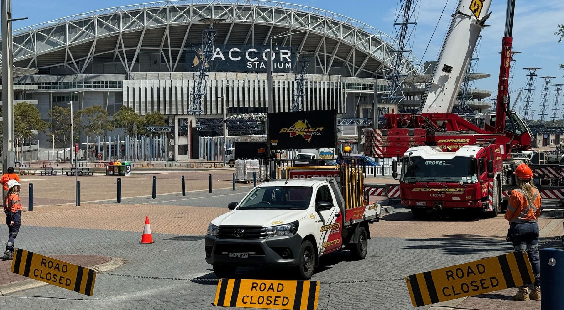 Borger vehicle and crane outside Accor Stadium