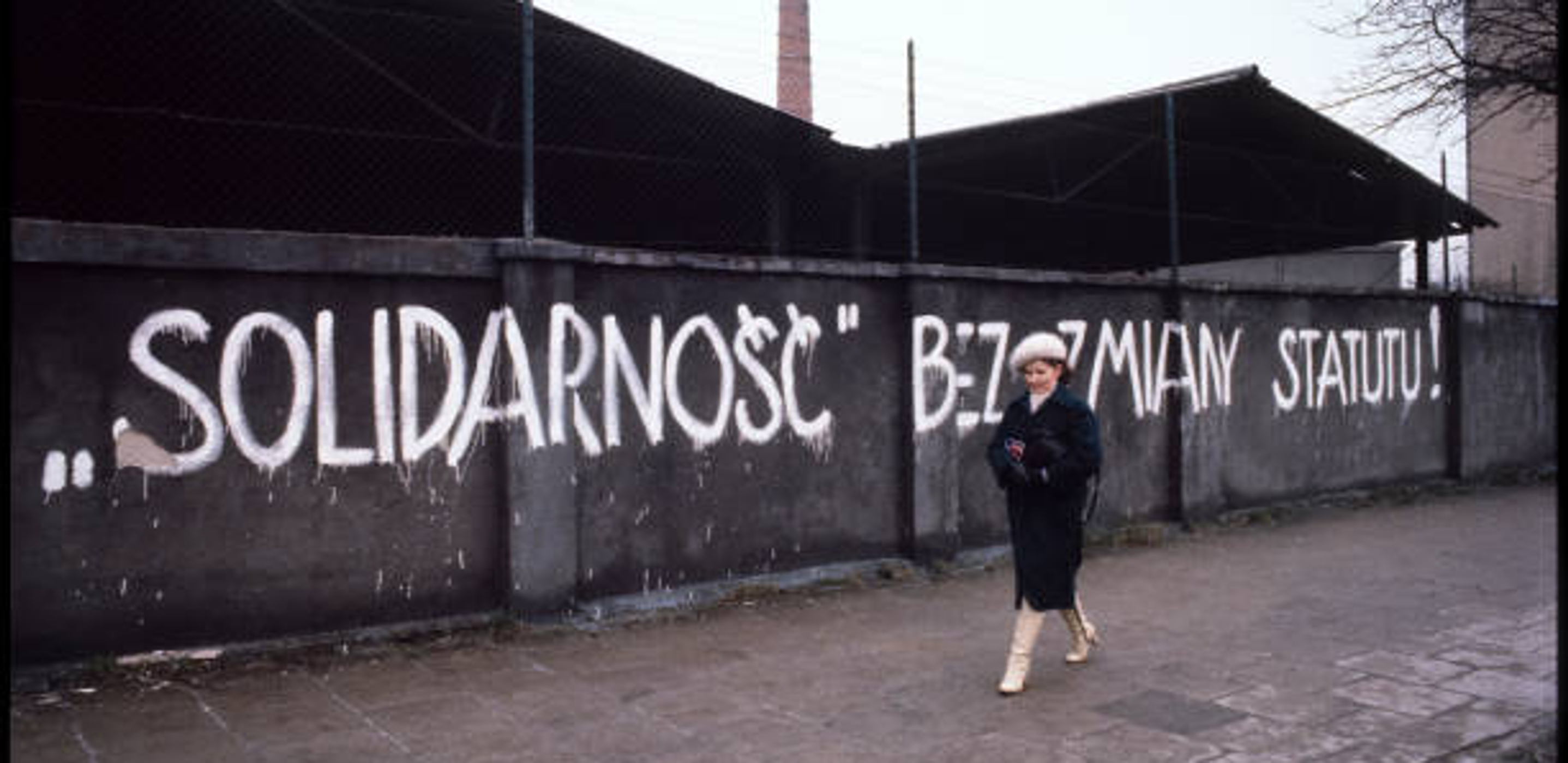 Woman walking past a graffiti wall 