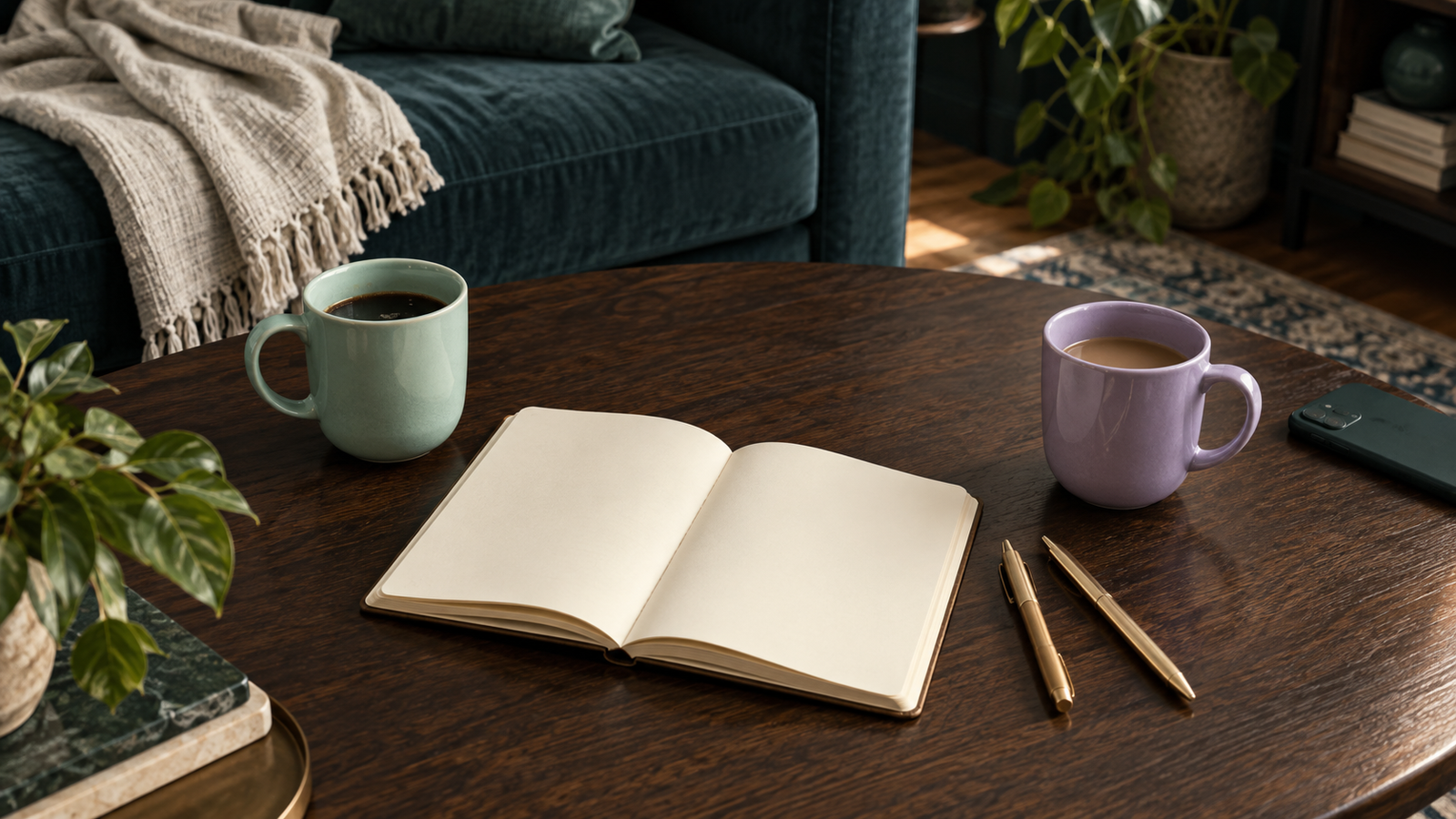 An open blank notebook and two gold pens between mint and lilac mugs, with a phone face down beside a teal sofa.