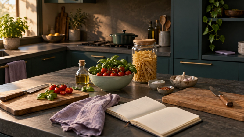 Two chopping boards, tomatoes, basil and a pasta jar beside an open notebook in a teal kitchen.