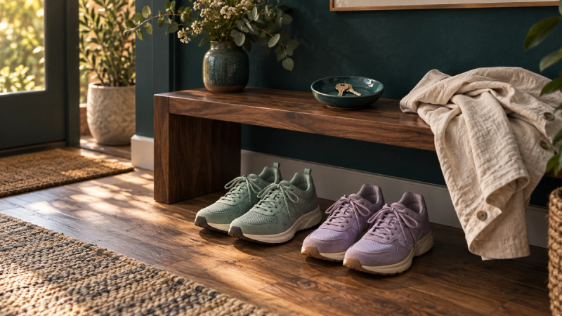 Mint and lilac walking shoes beside a wooden entryway bench with a cream jacket and keys in a teal dish.