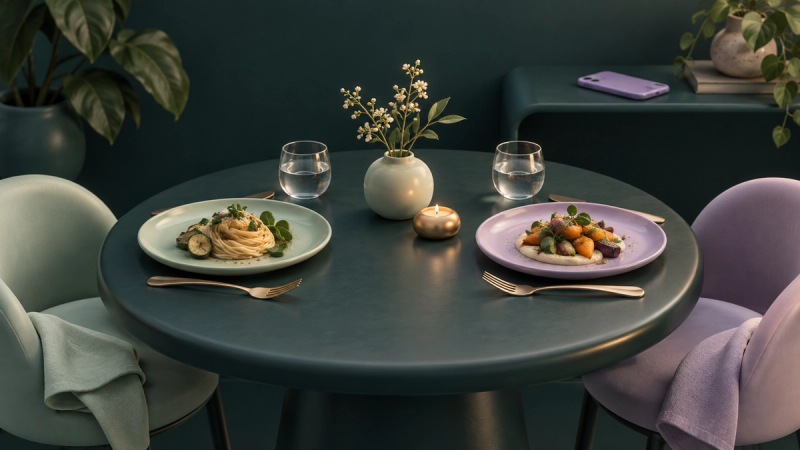 A teal dinner table set for two with mint and lilac plates, a candle and flowers, and a phone resting on a shelf behind it.