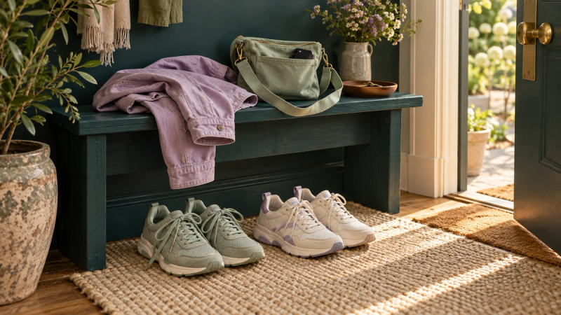 Two pairs of walking shoes below a teal bench with a lilac jacket and a mint bag holding a phone.