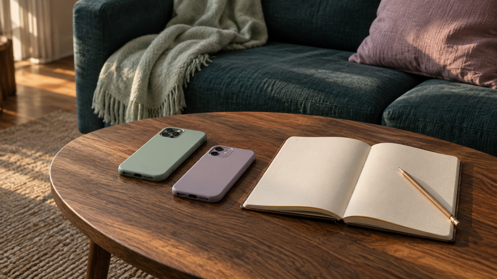 Mint and lilac phones face down beside a blank notebook on a wooden table in front of a teal sofa.