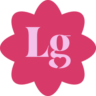 Pink flower-shaped logo with "Lg" letters in light pink, featuring a heart shape at the bottom of the "g."