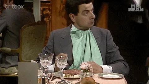 Animated reaction: accompanying: The wrong message. A lavish dinner can sometimes send the wrong message about how fast