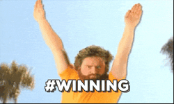 winning+GIF.gif A bearded man in an orange shirt jumps with arms raised under palm trees, captioned '#Winning.'