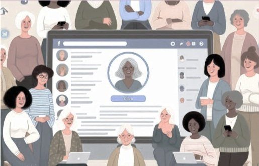 Picture2.jpg Illustration of diverse group of older adults gathered around a large computer monitor displaying a social media profile