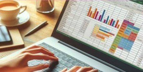 laptop.jpg Person using a laptop with a spreadsheet and bar charts on the screen, sitting at a desk with coffee and stationery.