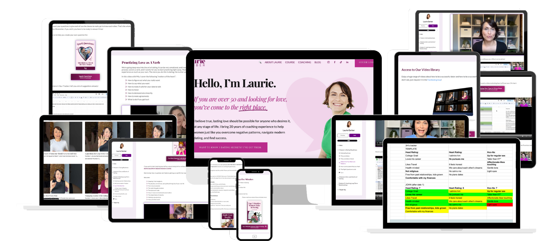 mockup2.png Collage of electronic devices displaying dating coaching website and resources, featuring text and images of a woman on laptops, tablets, and smartphones.