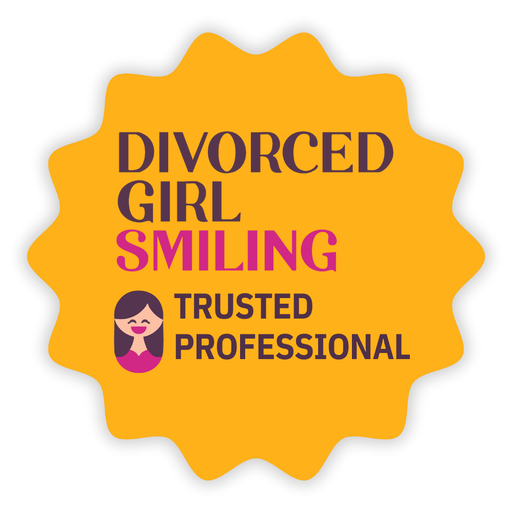 Badge with a yellow background and a pink silhouette of a smiling woman with dark hair, containing the words: "Divorced Girl," "Smiling" in pink, and "Trusted," "Professional" in black