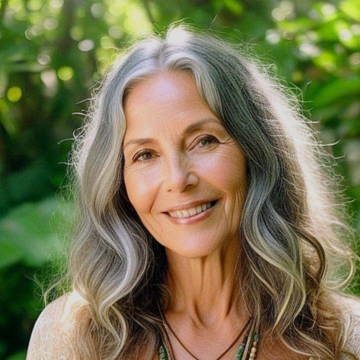 img-D2NfsJTXhvtfYk5bebvhV.jpg A smiling woman with long gray hair in an outdoor natural setting.