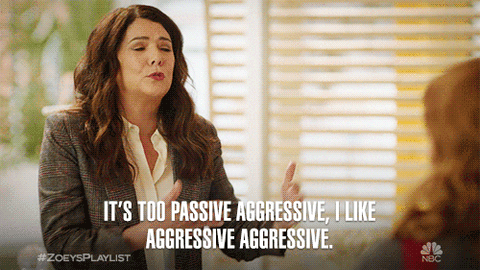 87ca3ffb-9477-a810-929a-ee9783cbcc11.gif A woman gestures while saying 'It's too passive aggressive, I like aggressive aggressive,' on a TV talk scene.