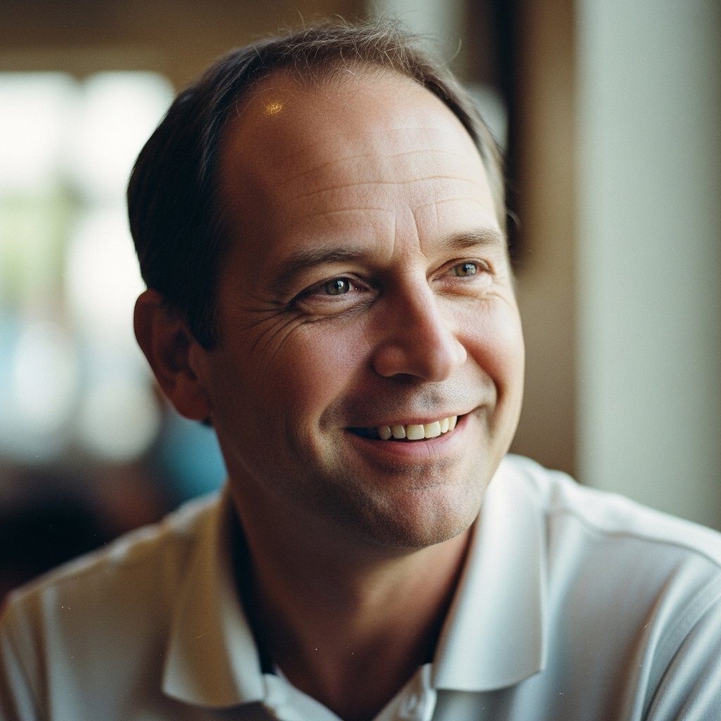Image_fx.png Close-up of a smiling man with short dark hair, light skin, wearing a white collared shirt, sitting near a window in a warmly lit space.