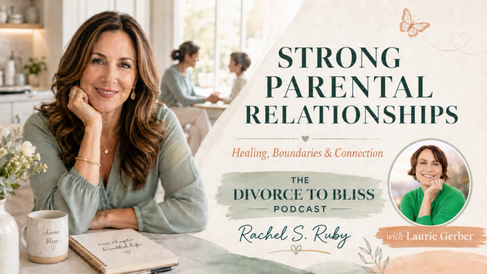 The Divorce to Bliss Podcast guest thumbnail featuring host Rachel S. Ruby and Laurie Gerber