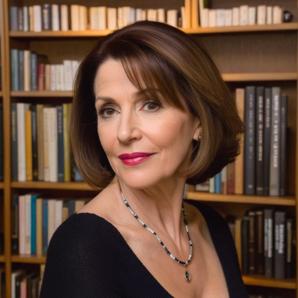 img-BwMh5zTANQ8wQXKLYKXvR.jpeg Woman with short brown hair and red lipstick standing in front of shelves of books, wearing a black top and a necklace.