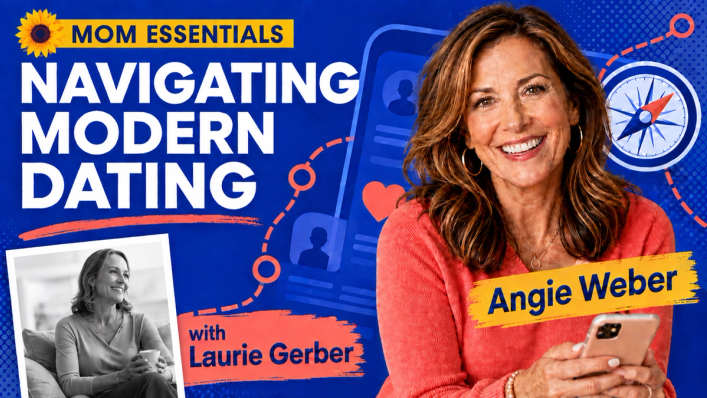 Mom Essentials guest podcast thumbnail featuring host Angie Weber and Laurie Gerber