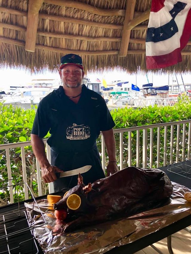 Hog with oranges over eyes