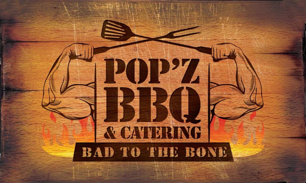 Pop'z BBQ logo on wood background