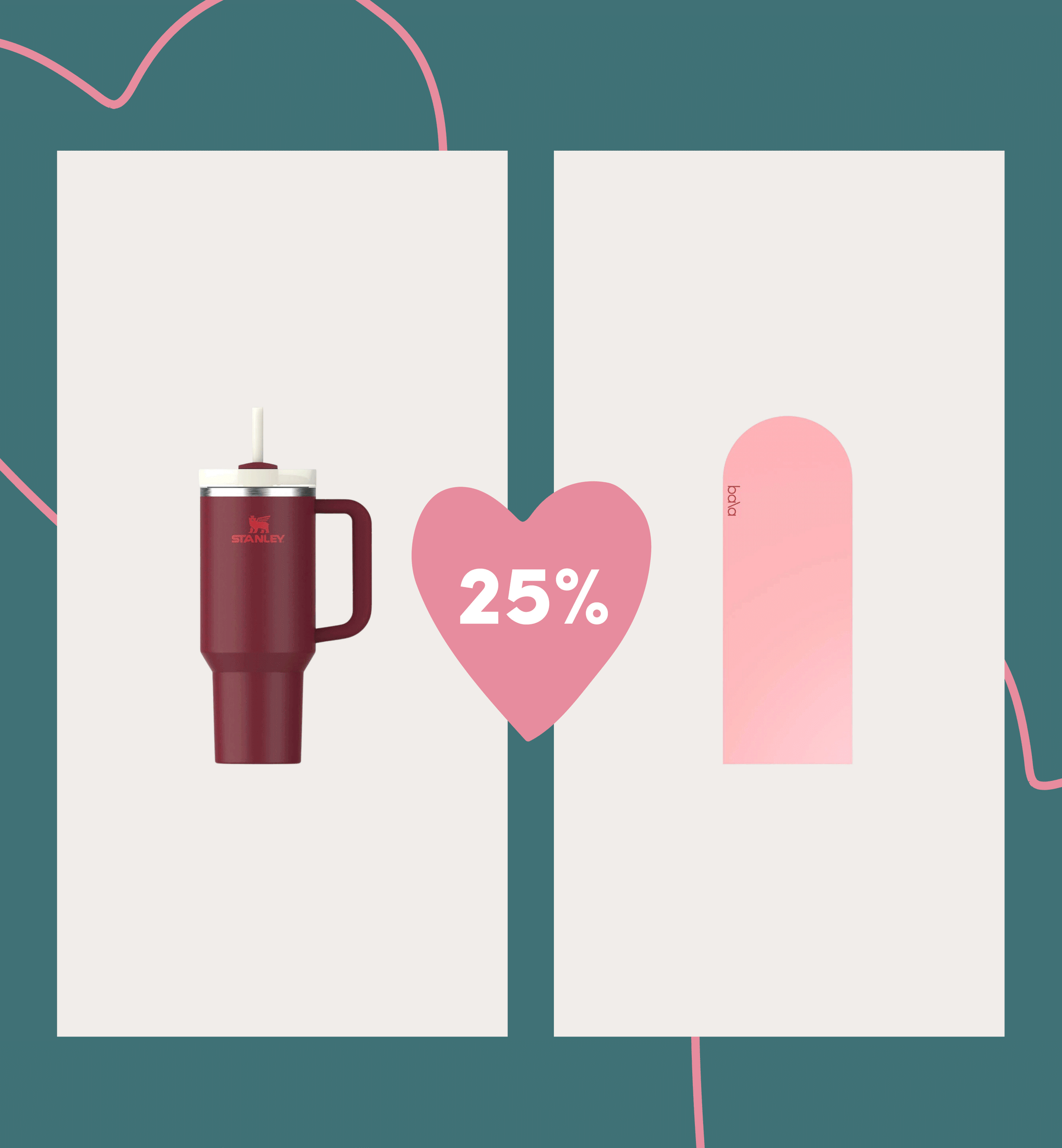 Red Stanley tumbler and pink Bodo product with 25% off.