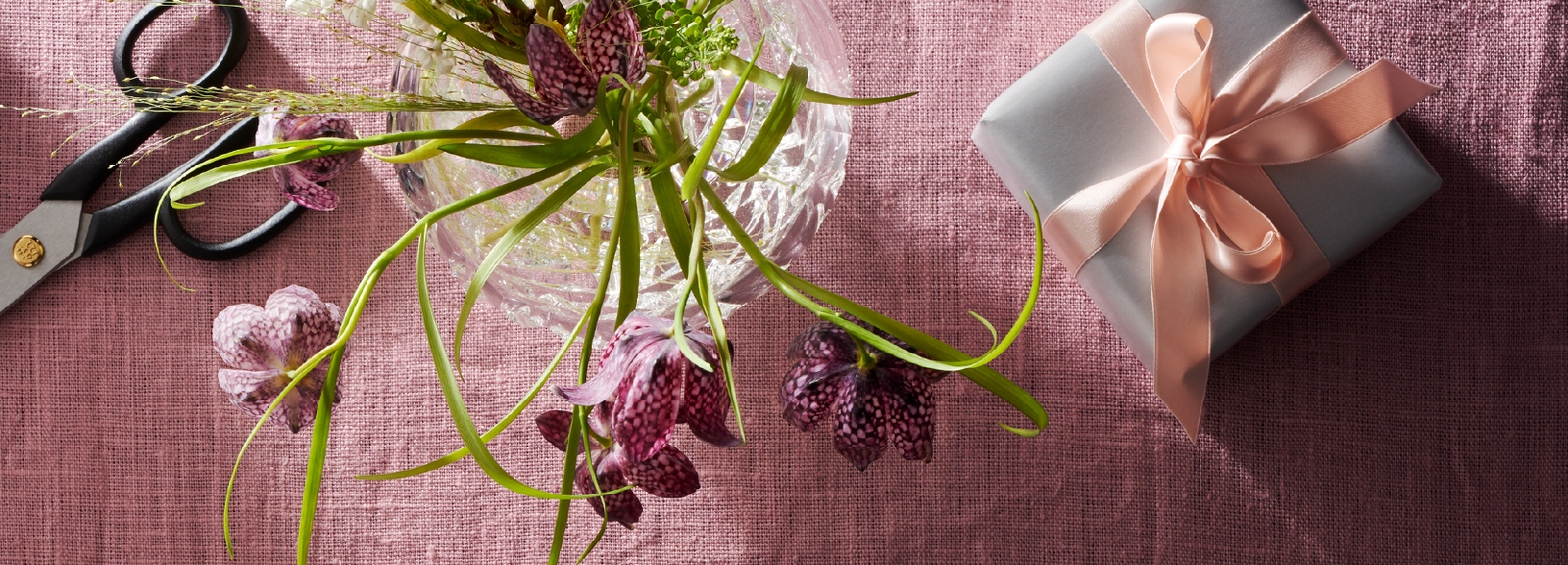 Violetit kukat lasimaljakossa lahjapaketin ja saksien kera