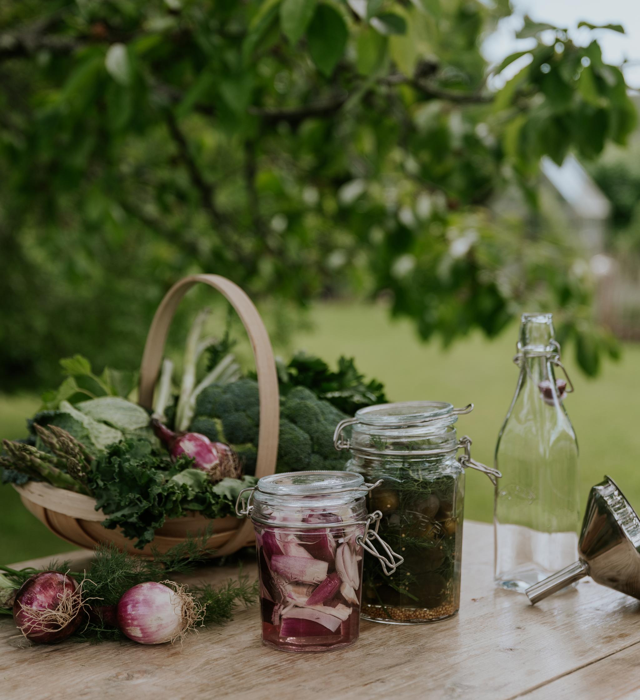 Glass med fermenterte grønnsaker og en kurv med grønnsaker på et trebord