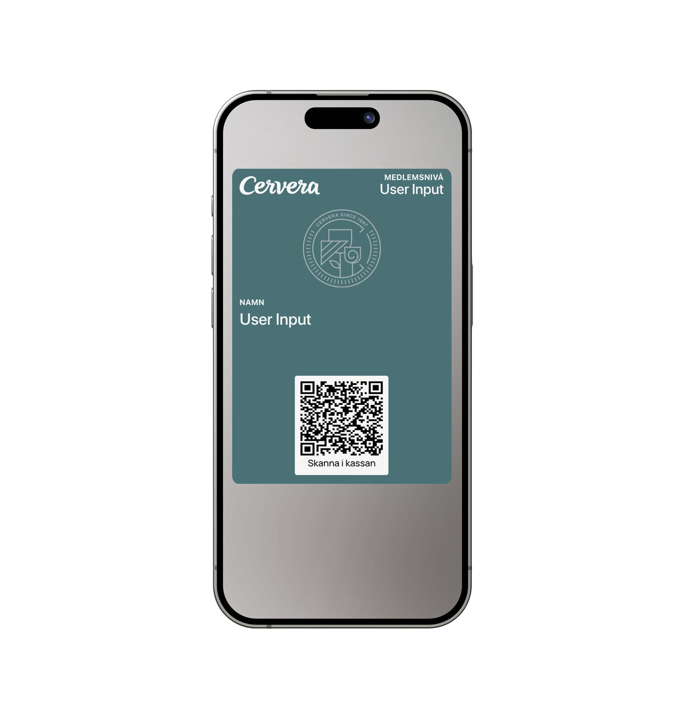 Smartphone displaying a Cervera loyalty card with user input fields and a QR code.