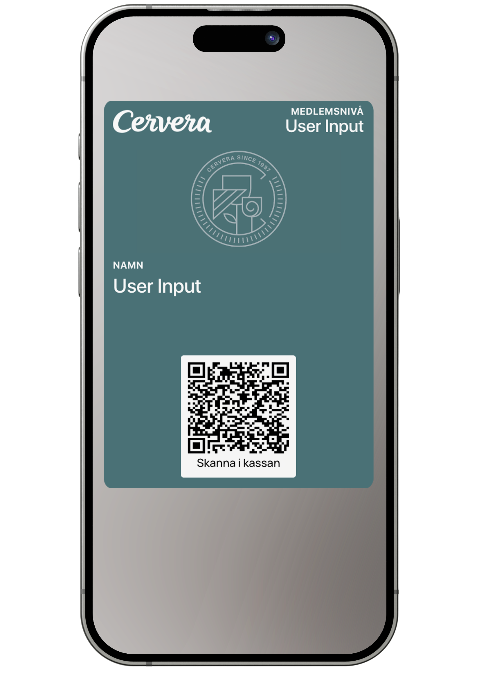 Smartphone displaying a Cervera loyalty card with user input fields and a QR code.
