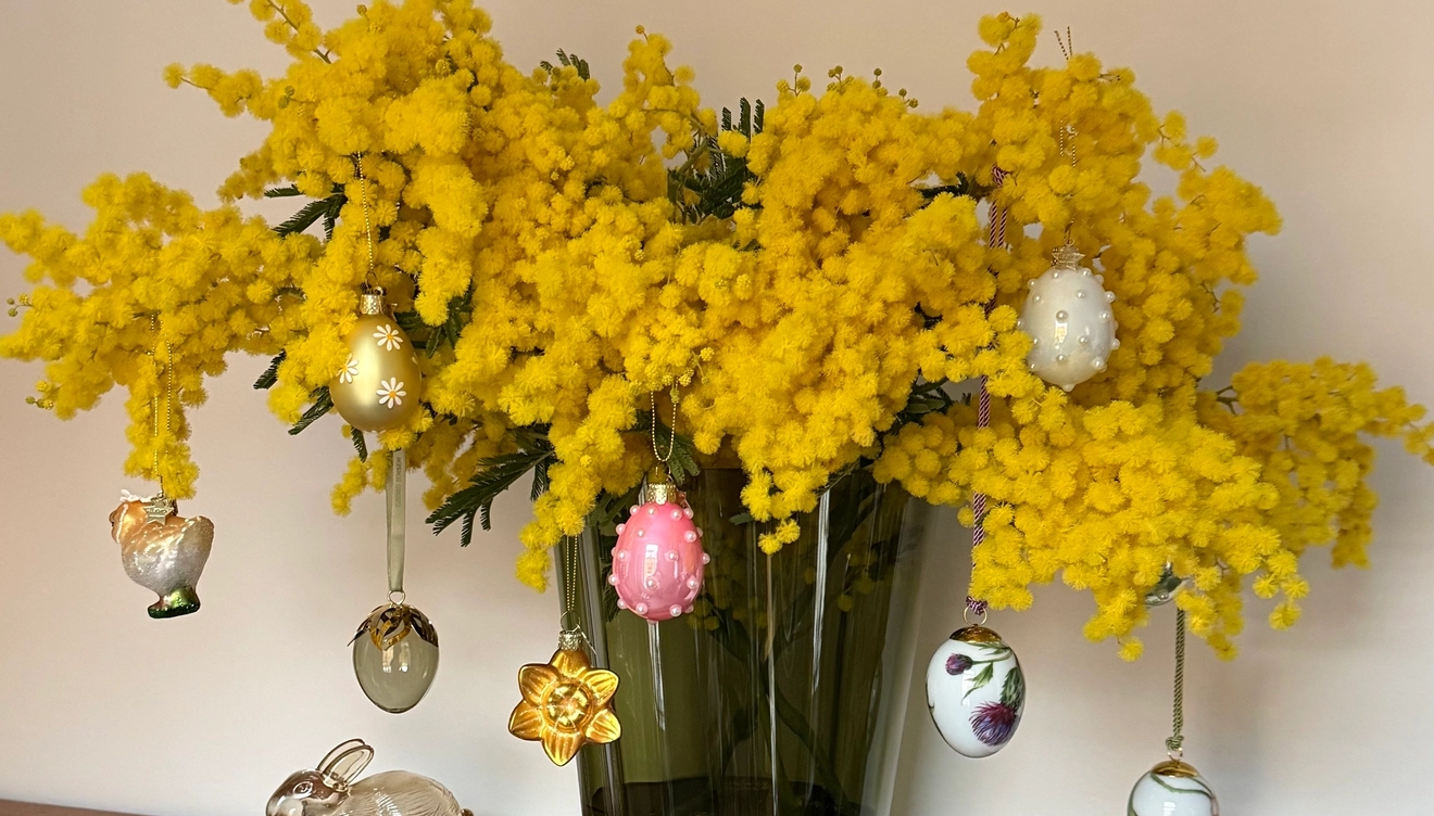 A bouquet of bright yellow mimosa flowers in a vase, decorated with colorful Easter egg ornaments.