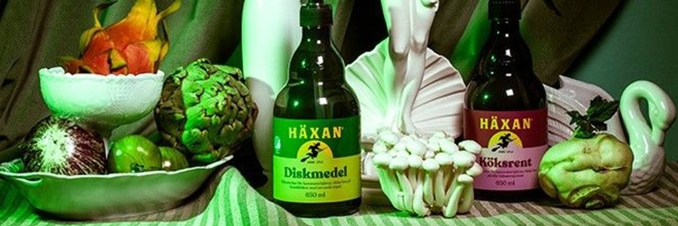 Häxan diskmedel och köksrent i med grönsaker och porslin med grönt ljus 