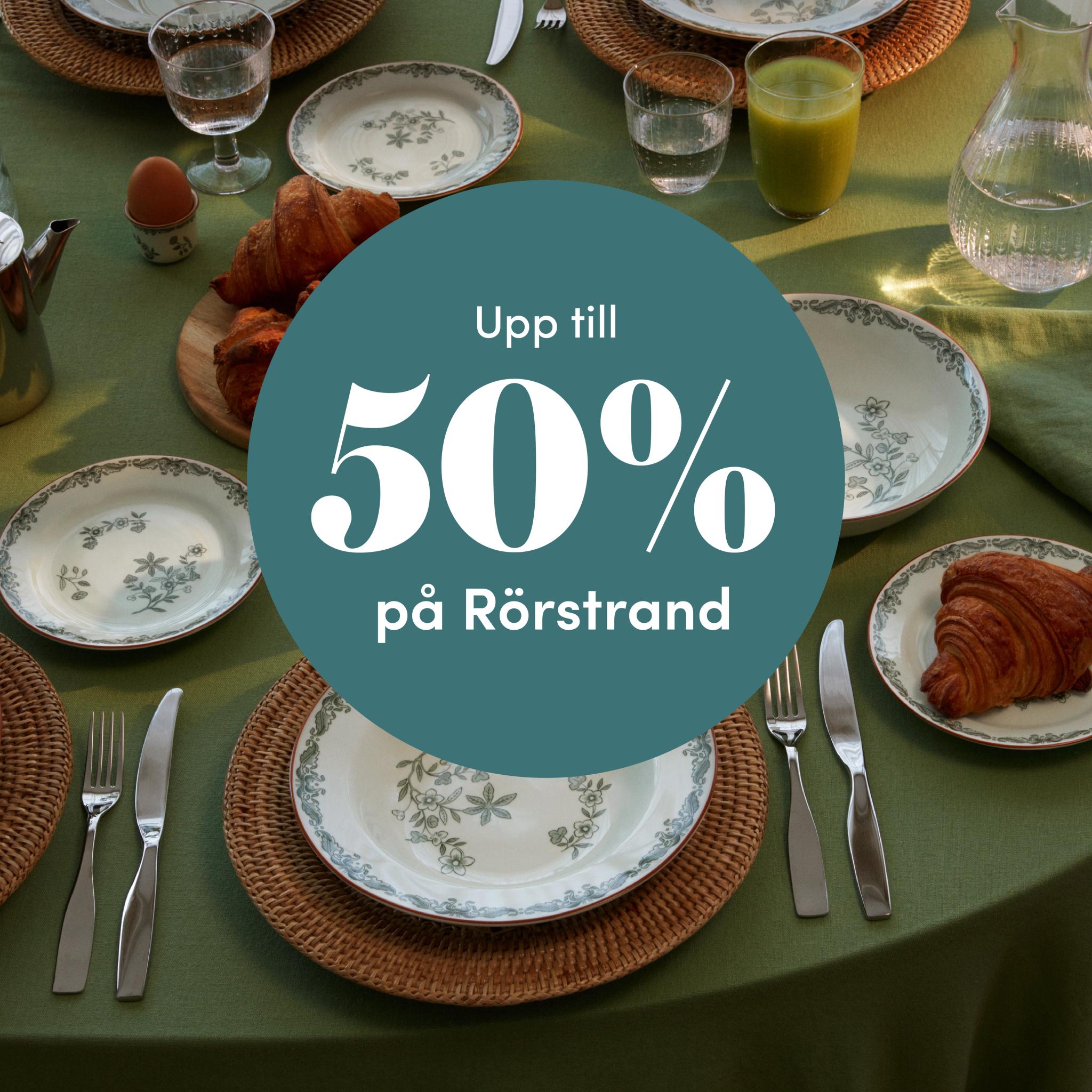 Dukat frukostbord med Rörstrandsporslin och erbjudandet upp till 50 procent rabatt.