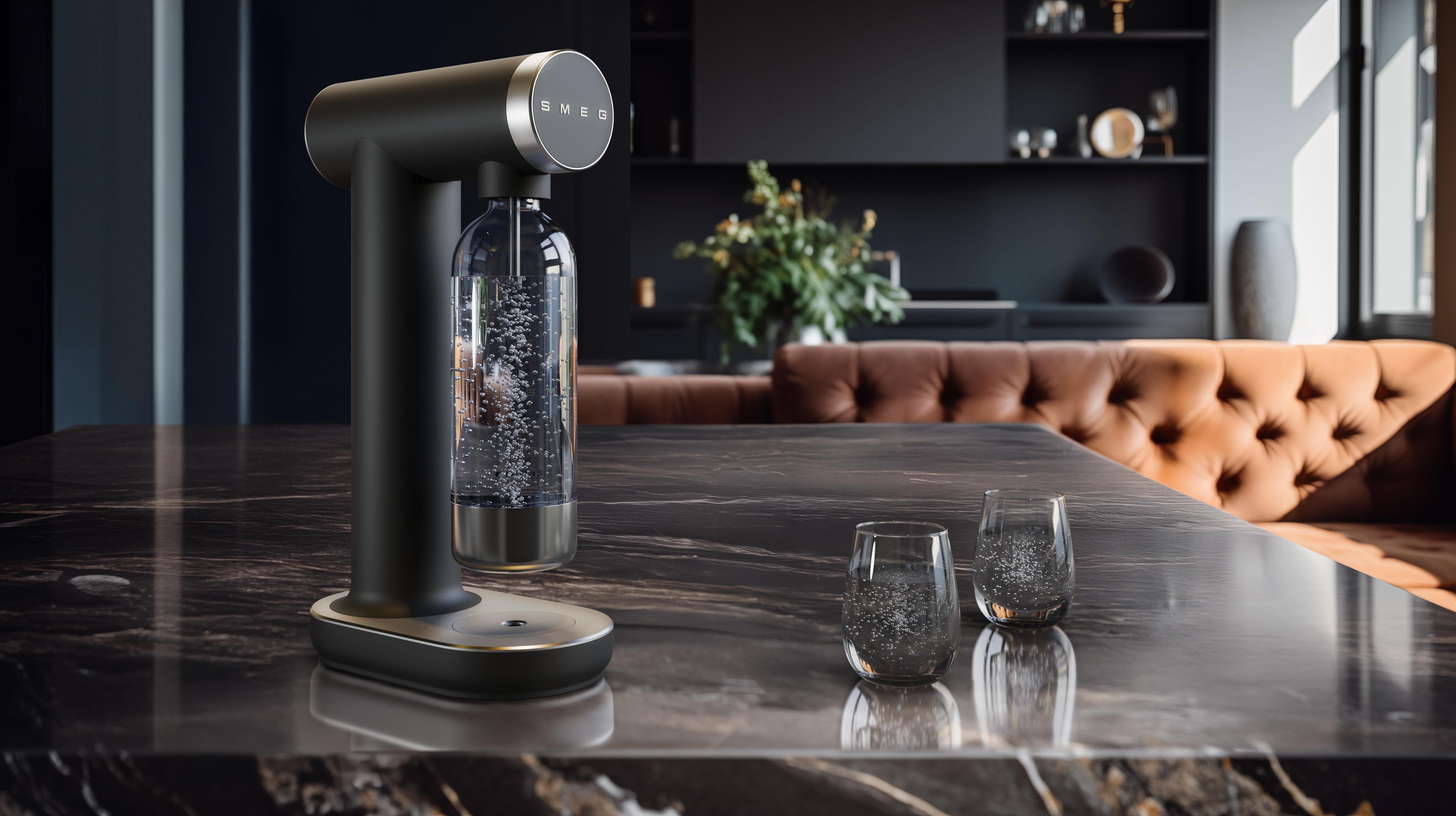 Smeg hiilihapotuslaite musta mustalla marmoripöydällä