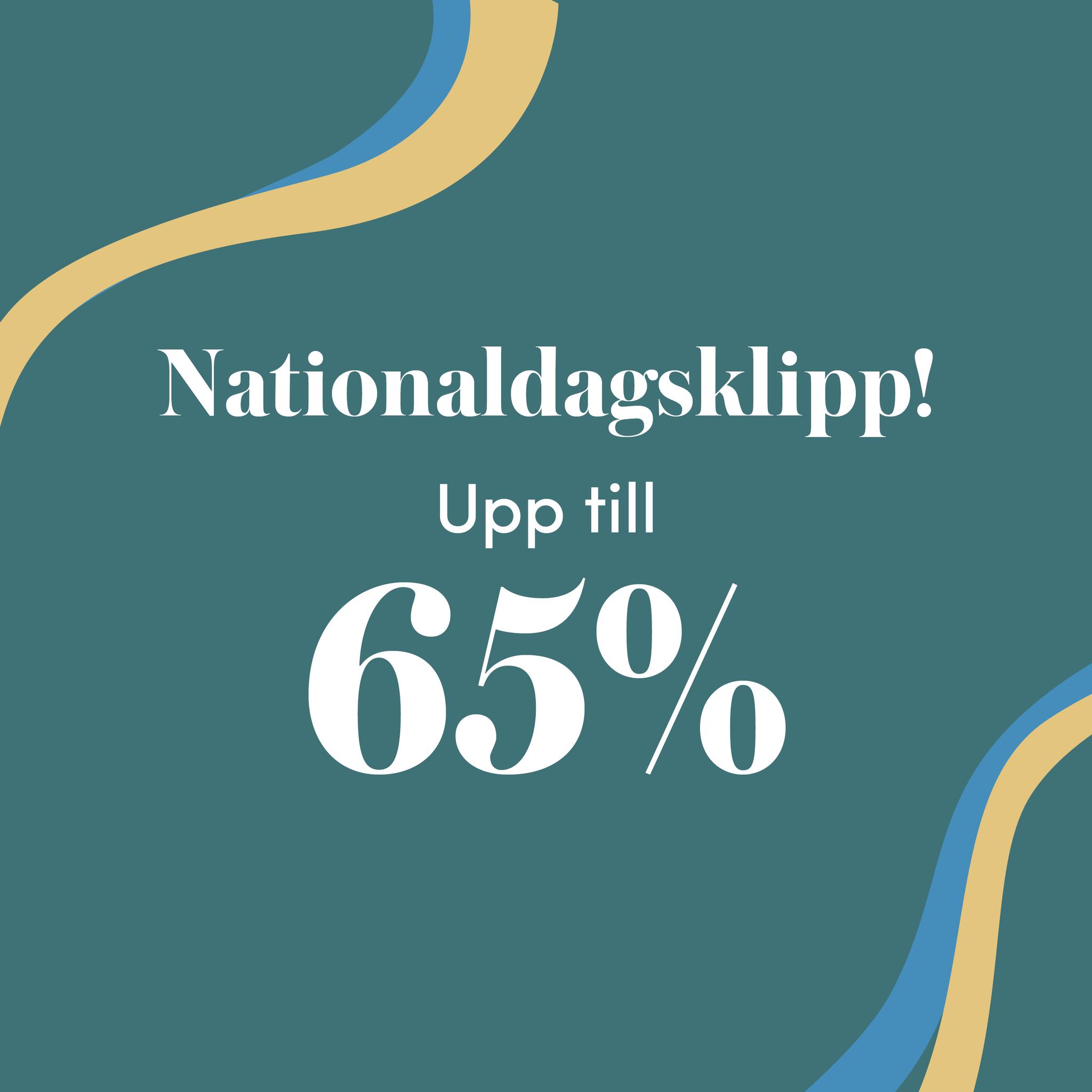 Grön kampanjbild med texten ”Nationaldagsklipp! Upp till 65%” och böljande blå-gula grafiska linjer.