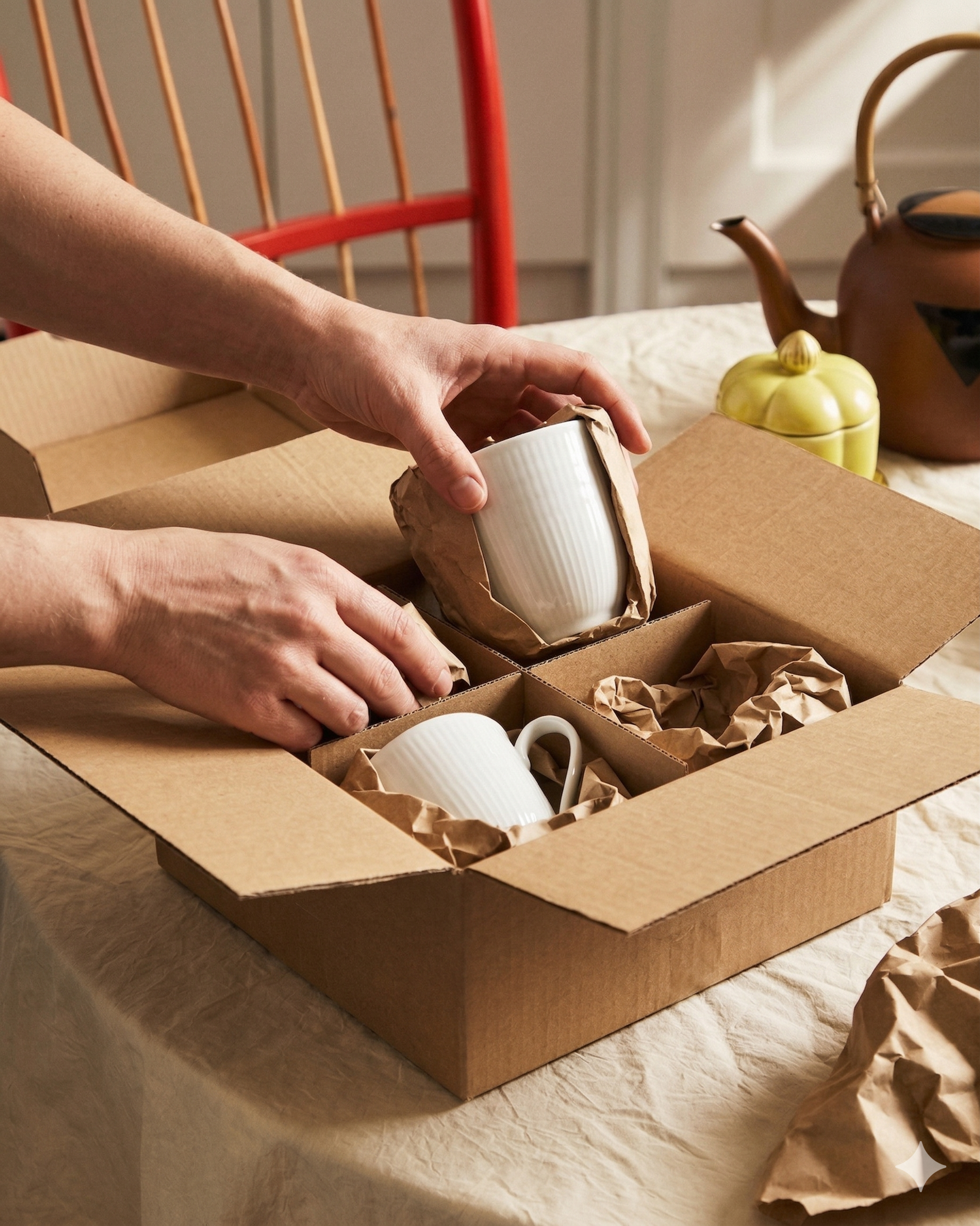 Händer packar vita muggar i en uppdelad kartong