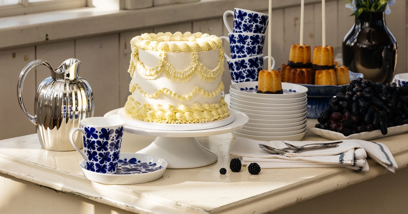 Babyshower tårta och fika på ett uppdukat kalasbord