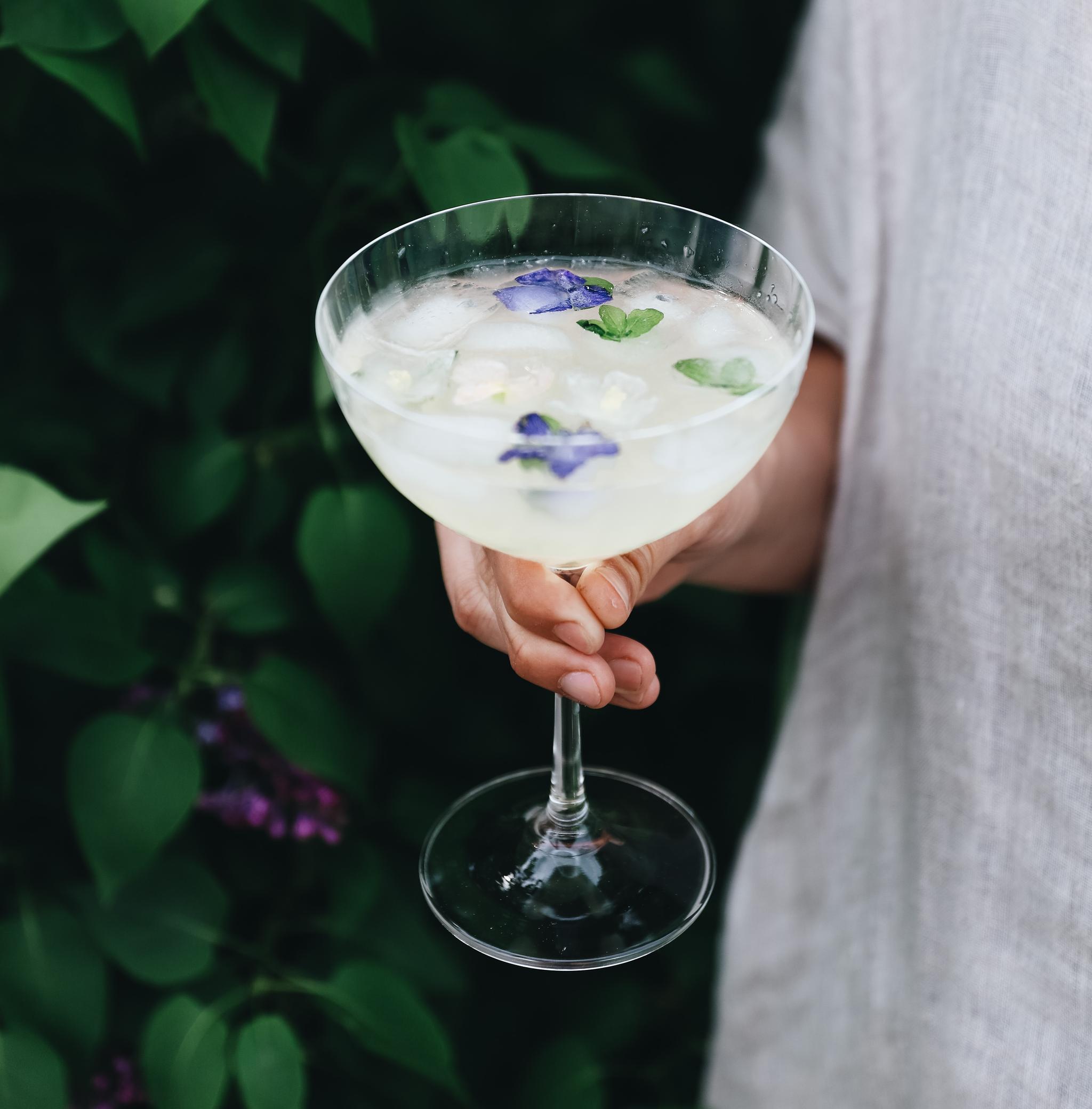Champagnecoupe med ätbara blommor i drink i trädgård