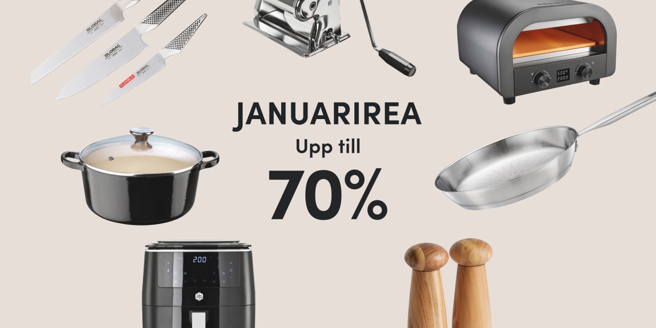 January Sale advertisement showing kitchen appliances and cookware like knives, a pot, and an air fryer, with text "Up to 70% off".